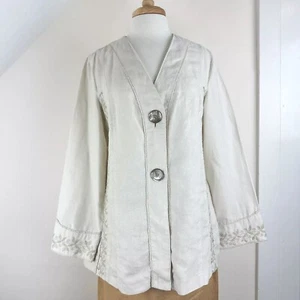 J. Jill Women's M Beige Linen Jacket, floral embroidery, shell buttons, elevated - Picture 1 of 20