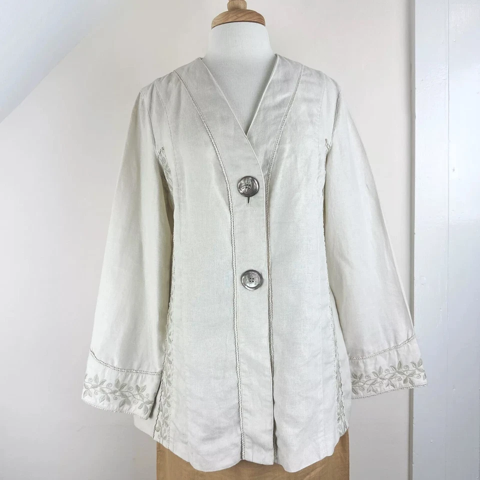 J. Jill Women's M Beige Linen Jacket, floral embroidery, shell buttons, elevated - Image 1 of 4