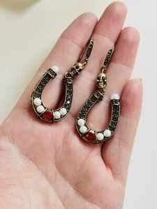 Horseshoe Skull Goth Earrings Pierced Rare Gold Plated Dangle Pearl Rhinestone - Picture 1 of 8