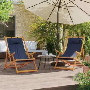 Folding Beach Chairs 2 pcs Blue Fabric B5F3 - Picture 1 of 9