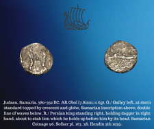 380-332 Bc Judea Samaria Ar Obol Galley, Lion, & Persian King Ancient Coin
