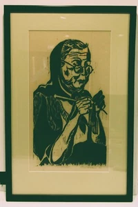 Signed and Framed Karen McCann 1963 Woodcut Print of Woman Knitting - Picture 1 of 6