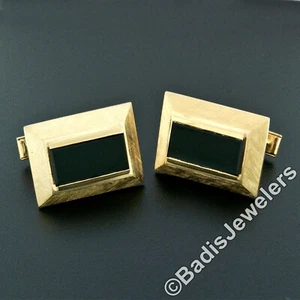 Large Vintage 14k Yellow Gold Flat Rectangular Black Onyx Florentine Cuff Links - Picture 1 of 6