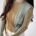 Ladies Long Sleeve Knit Stripe Sweater Gradient Color Top Slim Office Daily Chic