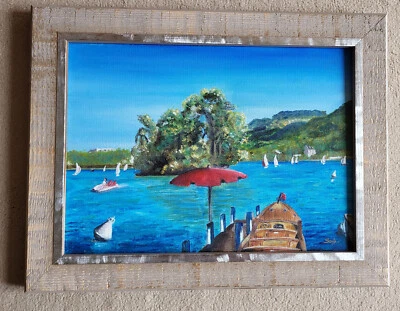 Tableau Peinture Le LAC d'ANNECY Huile sur Toile Cadre Bois - Photo 1/3