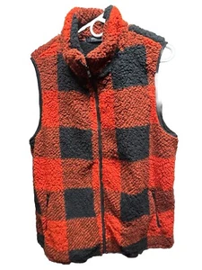 Zesica Sherpa Vest Womens XL Plaid Red Black Fuzzy Fleece Full Zip Mock Neck New - Picture 1 of 7