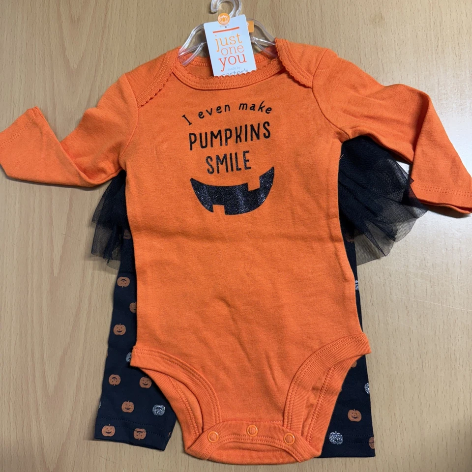 Carter's Just One You Girls Halloween Pumpkin Smile Orange Black 2 Pcs 3 Mos