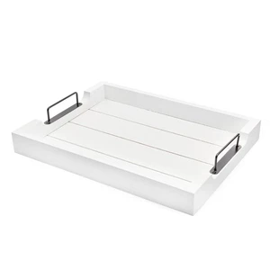 White Wooden Shiplap Serving Tray; Rustic Farmhouse Ottoman w/Black Handles - Picture 1 of 10