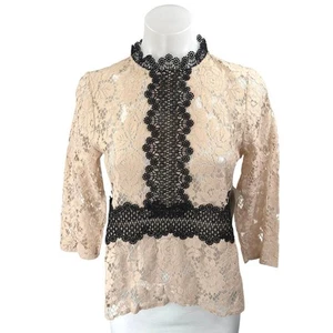 NEW Zara Beige Black Contrast Lace 3/4 Sleeve High Neck Peplum Blouse Top Size S - Picture 1 of 5