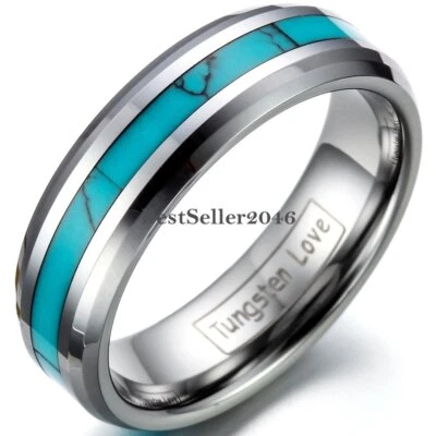 Anillo de boda de compromiso con incrustaciones de tungsteno turquesa para hombres y mujeres TALLA 4-16 mitad+ Foto 1 de 4