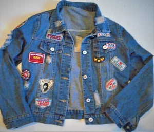 Blue Jean Jacket Distressed Patches Womens - Picture 1 of 11