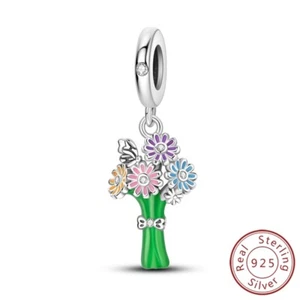 MULA S925 Sterling Silver Charm AAA CZ Glazed Daisy Dangle For Women Bracelet - Picture 1 of 7