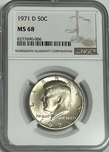 1971 D NGC MS68 Mint State Clad Kennedy mezzo dollaro sciopero degli affari 50c JFK - Foto 1 di 3