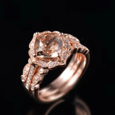 Anillo de compromiso de diamantes morganita rosa natural de oro rosa sólido de 14 quilates talla 6,5 Foto 1 de 4