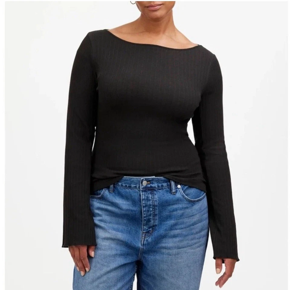 Madewell Ribbed Long-Sleeve Boatneck Top True Black XS NS805 Casual Minimal