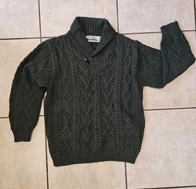 Aran Crafts Large Forest Green Shawl Collar Merino Wool Cable Knit Sweater - Image 1 of 4