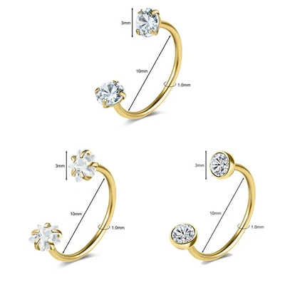 Pendientes hélice piercing tabique circonita cúbica 3 piezas anillos nariz herradura acero inoxidable 18G Foto 1 de 4