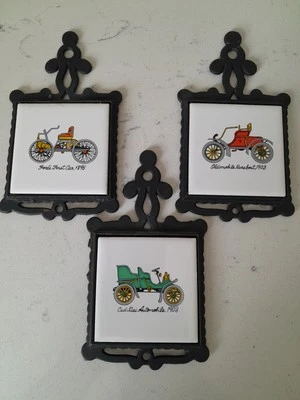 Juego De Colección De 3 Decoraciones De Pared De Hierro Fundido Posavasos Soporte De Sartén Caliente Coche Antiguo Foto 1 de 4