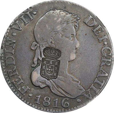 (1834) PORTUGAL MARIA II 870 REIS CONTRAMARCA EN 1816 SEVILLA 8 REALES NGC VF30 Foto 1 de 4