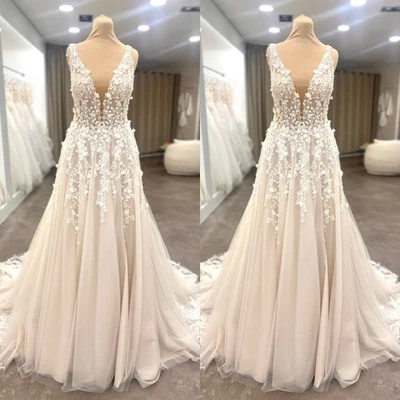 Vestidos de novia sexy cuello en V fuera del hombro encaje apliques línea A vestidos de novia Foto 1 de 4