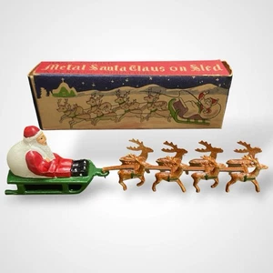 Vintage 1950s Japan Metal Santa Claus on Sled with Reindeer Christmas Miniature - Picture 1 of 11