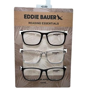 Eddie Bauer Reading Glasses 3 Pack +2.00 Black Clear Grey Designer Readers NEW - Picture 1 of 2