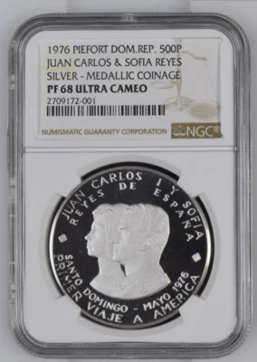 1976 Piefort Silver Dominican Republic 500 Pesos Juan Carlos & Sofia NGC PF68UC - Image 1 of 3