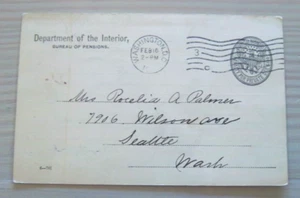 Vintage - Dept. of the Interior Postal Card - 2/15/1915 - Bureau of Pensions - Picture 1 of 2