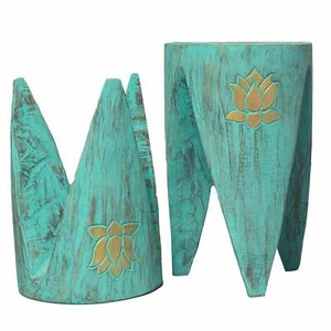 Mesas/Taburetes Tribales Decorados a Mano Madera de Alabasia. Turquesa 30x30x40cm - Imagen 1 de 5