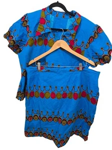 Conjunto de dos piezas de falda manga top azul brillante geométrico estampado africano para mujer - Imagen 1 de 8
