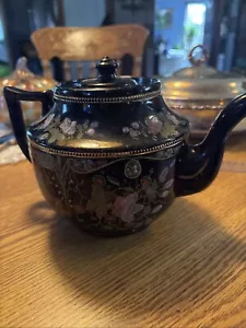 VTG F&VI John Sadler England Teapot Black/Gold Floral Flowers - Picture 1 of 7