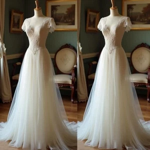 Vintage Lace Appliques Wedding Dresses A Line V Neck Tulle Bridal Gowns - Picture 1 of 9