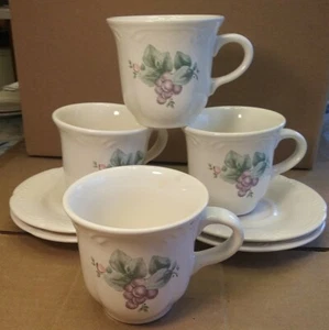 Pfaltzgraff Stoneware Grapevine Purple Grape Pink Rose Set Of 4 Cups & Saucers - Picture 1 of 5