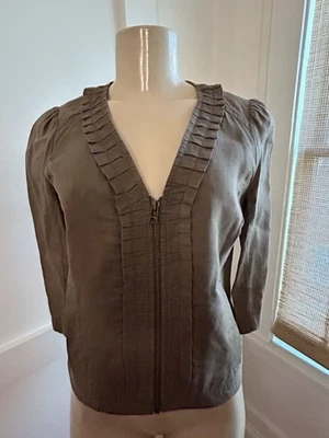 Chaqueta Blazer Loft 100% Lino Cremallera Frontal Marrón Mangas 3/4 Volantes Frt 2P Foto 1 de 4