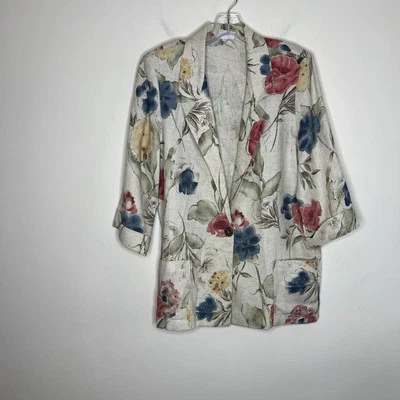 Chaqueta Blazer Vintage Habands Mujer Talla Mediana Beige Floral Mezcla Lino Casa de Campo Foto 1 de 4