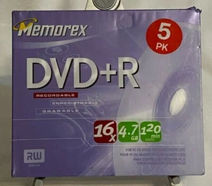 New Memorex DVD+R 5 Pack 16x 4.7GB 120 Min Recordable Blank DVDs Blank Media - Picture 1 of 3