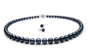 Fresh Water Rare Blue Pearl Bead Necklace and earring in luxury giftbox freepost - Picture 1 of 12