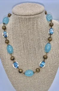Vintage Deco 30s 40s Venetian Murano STRIPED & FOIL ART Glass Bead Necklace TEAL - Picture 1 of 17