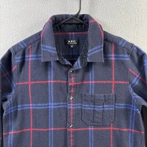 APC Shirt Mens Medium (Fits Small) Wool Blend Flannel Blue Plaid Button Up - Picture 1 of 15