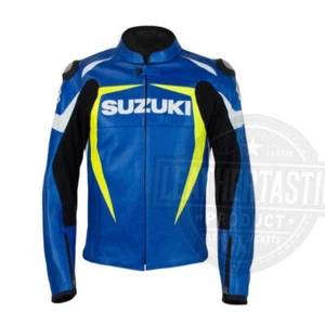 Handmade Men_s Blue Suzuki Motorcycle Racing Genuine Leather Jacket Safety Pads - Picture 1 of 7