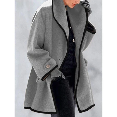Women's Baggy Button Hooded Wool Coat Outwear Ladies Warm Pocket Jacket Overcoat - Image 1 of 4