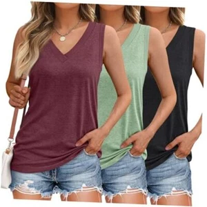 3 Pack Tank Top Women 2024 Sleeveless V Neck Summer Large Black Wine Green - Picture 1 of 6