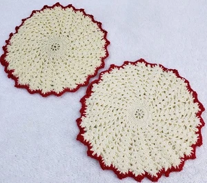 Set 2 copripentole all'uncinetto a mano copripentole hot pad bordo bianco rosso antico - Foto 1 di 8
