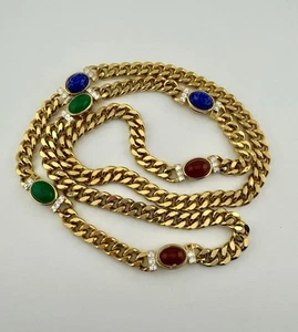 Vintage MOGUL Cabochon Curb Chain Station Necklace Gold Plated Heavy As-is - Picture 1 of 14