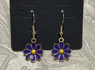 Pendientes informales bohemios de moda colgantes dorados esmalte margarita púrpura oscuro vintage Foto 1 de 2