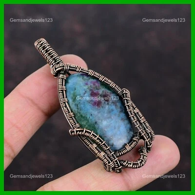 Rubí natural en alambre de cianita azul envuelto cumpleaños hermana colgante joyería cobre Foto 1 de 4