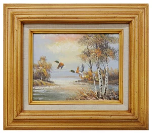 Hermosa escena de caza de patos original 8x10 pintura al óleo/arte de pared. ¡Marco incluido! - Imagen 1 de 3