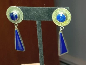 Sterling Vintage Lapis Earrings Artist Signed MARYO PIERCED 925 - Picture 1 of 4