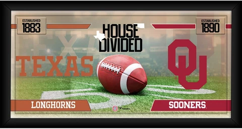 Texas Longhorns vs Oklahoma Sooners Framed 10x20 House Divided Football Collage Cover