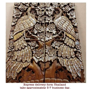Asian Carved Wood Decor Wall Art Panel Hanging 13.7" X 35.4" X 0.98" Peacocks - Picture 1 of 10